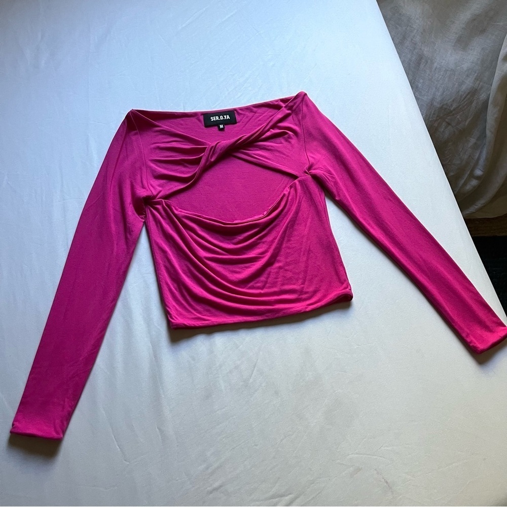 SER.O.YA pink twist front cutout cropped off shoulder knit long sleeve top